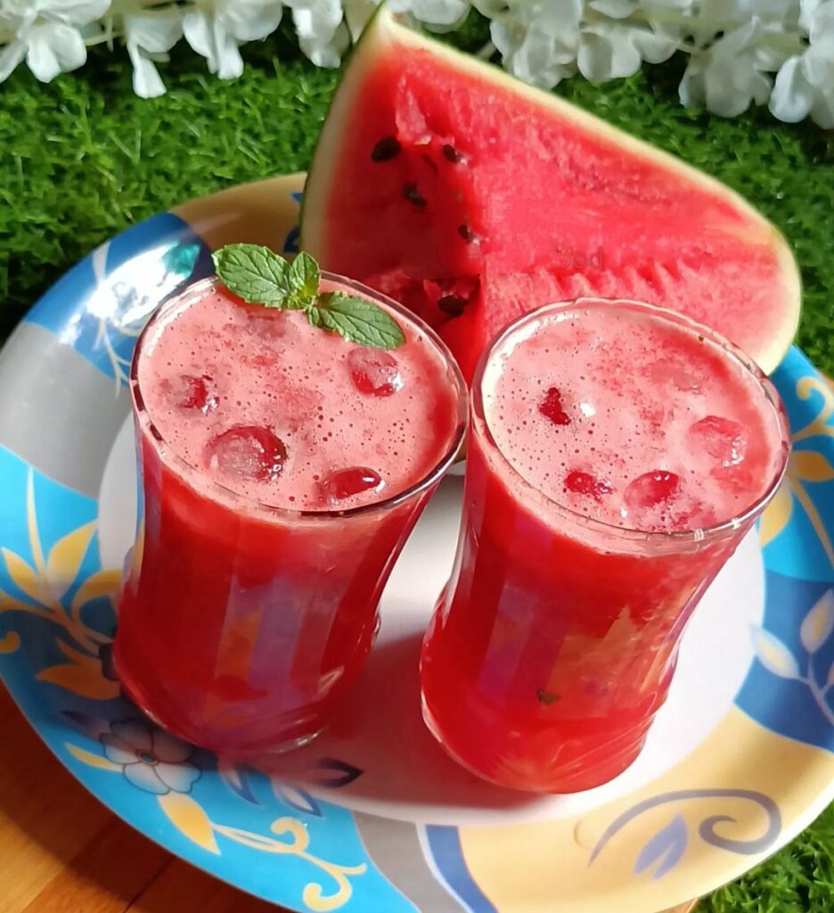 a plate of watermelon juice and a slice of watermelon